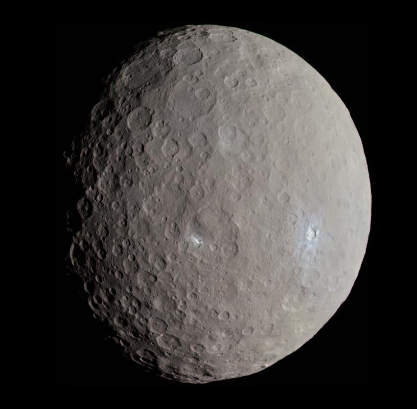 A photo of the asteroid Ceres. It's a rough gray sphere, with craters marking its surface.