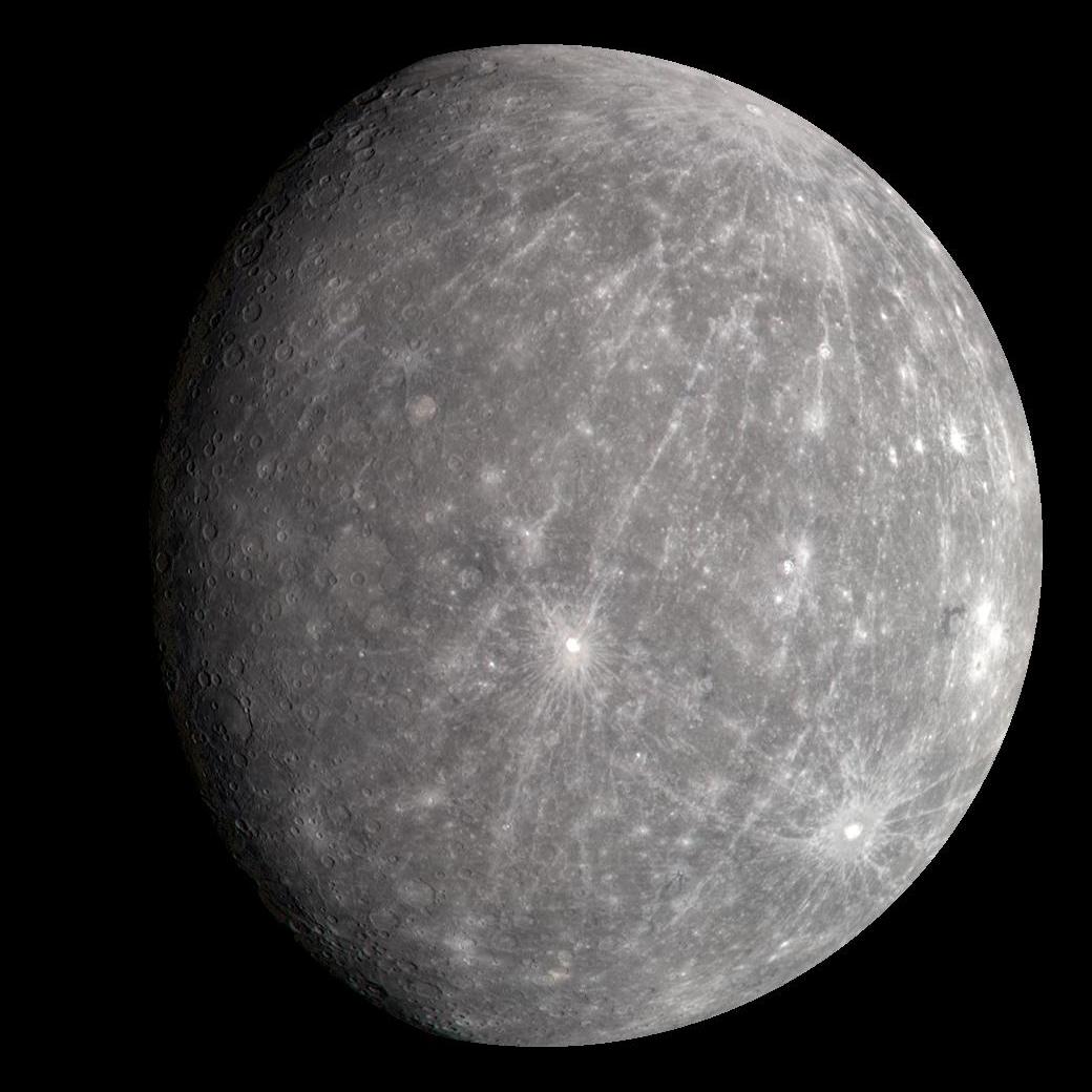 An image of the planet Mercury. It's gray and speckled with craters and ridges.