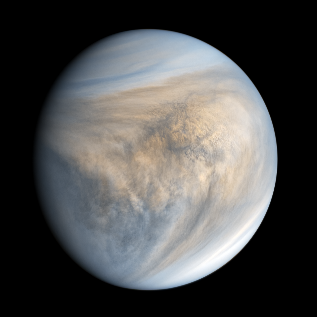 An image of Venus, with orange and blue clouds made visible through UV imaging.